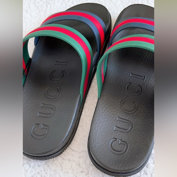 Authentic Gucci Men's Agrado Rubber Double Strap Stripe Slides Sandals - Picture 6 of 16